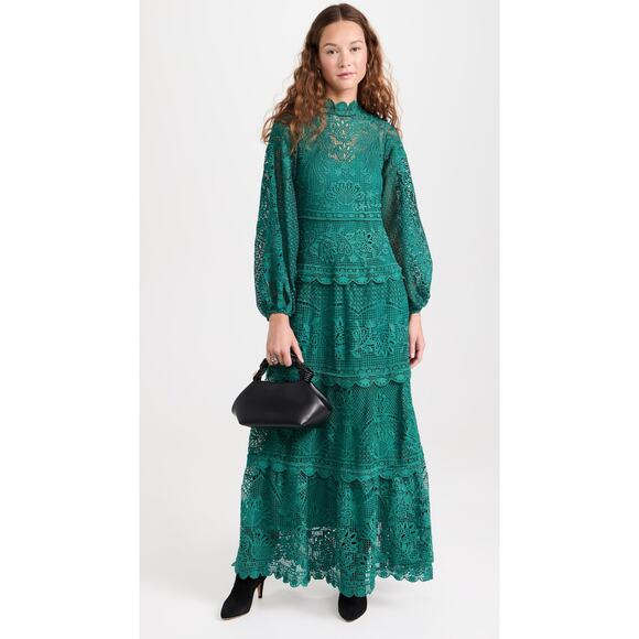 NWT FARM RIO Dark Green Guipure Long Sleeve Maxi Dress Medium M - Picture 4 of 12